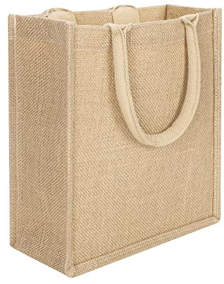 Natural Jute Shopper Bag with Padded Handles Reusable Tote Shopping Bag Burlap Grocery Bag Eco-friendly Shopping Storage Handbag Waterproof Lining Carrier Bag for Shopping Beach Picnic Party Gift Bag
