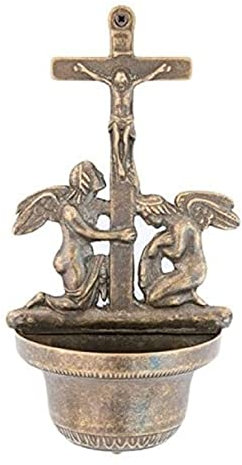 Acquasantiera Angeli in Ottone Brunito da Parete Muro