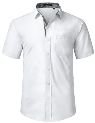 HISDERN Camicia da Uomo Bianca a Maniche Corte per Uomo Camicia Casual Estiva con Taschino sul Petto, L