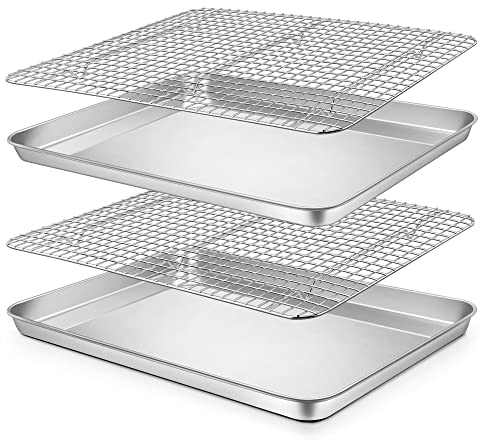 Halv bakplåt och gallerställ set med 4, P&P CHEF rostfritt stål 17,5 tum kakplåtar bakplåtar med kylställ, för rostning/matlagning, ugn och diskmaskinssäker, (2 pannor + 2 ställ)