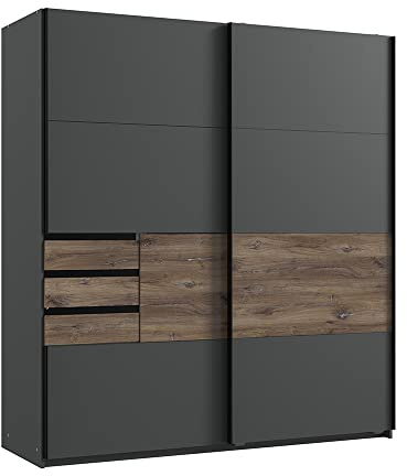 Lomadox Schlafzimmer Schwebetürenschrank mit 3 Schubkästen in Graphit mit Flagstaff Eiche Nb., B/H/T ca. 180/198/65 cm