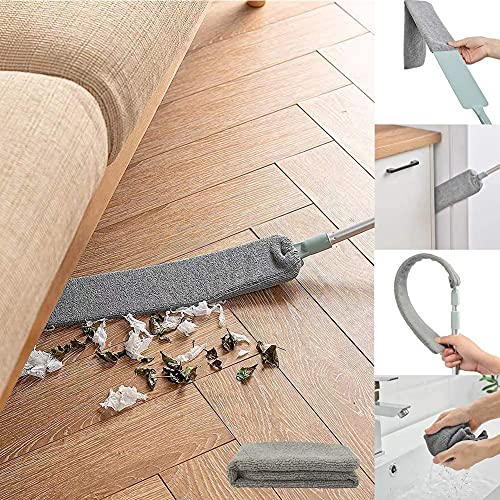 Cepillo de polvo para debajo del electrodoméstico con poste de extensión (40 a 55 pulgadas), plumeros flexibles, lavables, extensibles, para sofá, cama, muebles, parte inferior húmeda o seca (1 funda