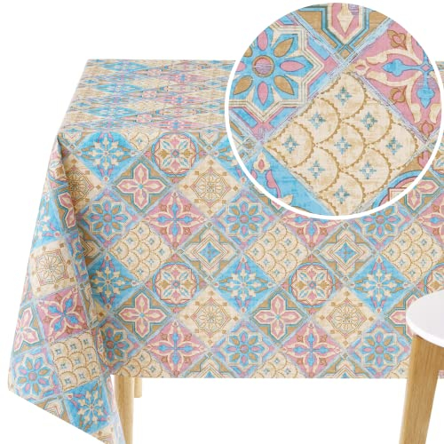 KP HOME Abwischbare PVC Tischdecke Rechteckig 200 x 140 cm, Wasserdichtes Wachstuch, Esstischdecke, Pflegeleicht, Beige und Pink in Portugiesischer Kacheloptik mit Fliesen-Muster