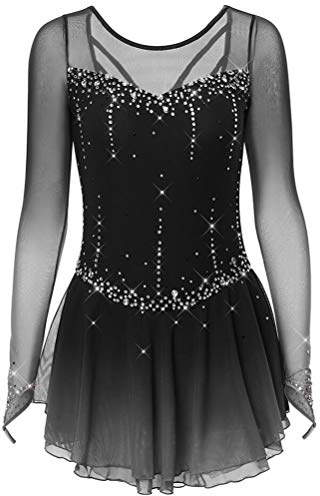 JRUIA Eiskunstlauf Wettkampf Kleid Mit Farbverlauf Für Damen Tanztrikot Für Rhythmische Gymnastik Rollschuhrock Mit Langen Ärmeln Eislauf Kostüme Aus Strass Für Mädchen,A,XL