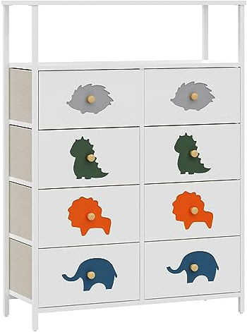 FRAPOW 8 Drawers Kid Dresser with Shelves, Tall Nursery Chest Organizer Units Large Storage Fabric Dresser with Wooden Top, Open Shelf, Sturdy Metal Frame for Bedroom Hallway Living Room