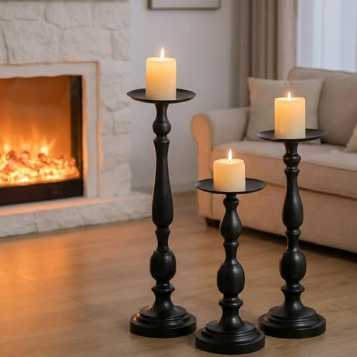 Sziqiqi Hohe Kerzenständer Kerzenhalter für Stumpenkerzen - Schwarz Kerzenleuchter Satz von 3 Großen Kerzenhalter für Boden und Tisch Moderne Mittelstücke für Halloween Weihnachten Hochzeit Dekor
