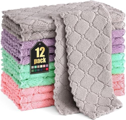 Moosfor Mikrofasertücher 12 Stück 25x25 cm spüllappen Gemischte Farbe | Weiche Fusselfrei Waschbar Geschirrtücher, Reinigen Geschirr & Küchenflächen, Ideal für Küche & Tägliche Haushaltsreinigung.