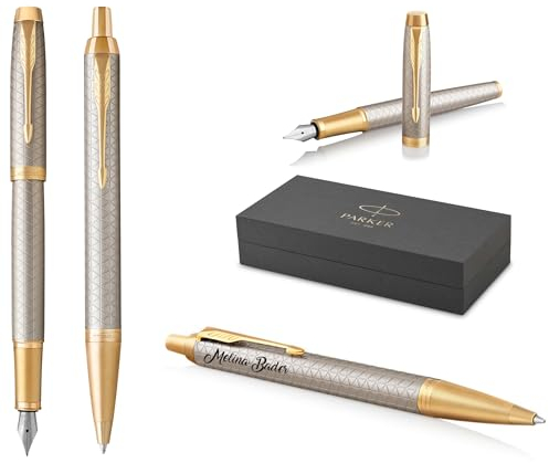 PARKER IM Premium Füllfederhalter und Kugelschreiber mit Gravur | Premium Stift | Geschenkbox | blaue Tinte | personalisiertes Geschenk | Jahrestag | Geburtstag (Warm Silver G.C.)