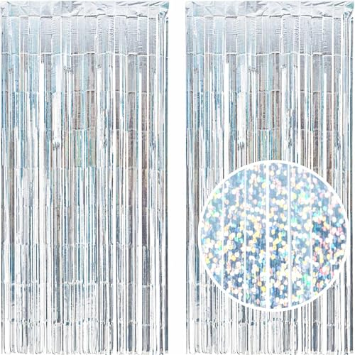 LUXURALS Lametta Vorhang Silber mit Glitzer, 2 Stück 1x2m, Party Vorhang oder Fotohintergrund für Partys Glitzervorhang Lametta Gold Folien Fransen Babyshowerparty Deko Babyparty Baby Shower Deko