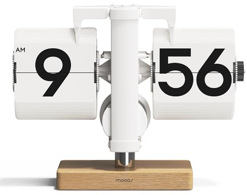 mooas Classic Modern Wood Mini Flip Desk Clock (White), Retro Vintage Analog Design Auto Flip Clock Table Clock Large Number Battery Powered, Ideal for Home Office School Hotel Café