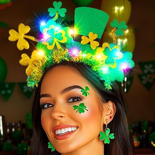 Fashband St.Patrick's Day Stirnband LED Grün Hut Stirnbänder Irisches Kleeblatt Haarband Party Karneval Haarschmuck für Frauen