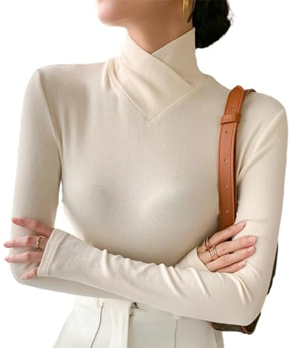 Juneyou Pull à col roulé croisé en polaire pour femme - Col roulé à manches longues - Tricot extensible - Coupe ajustée