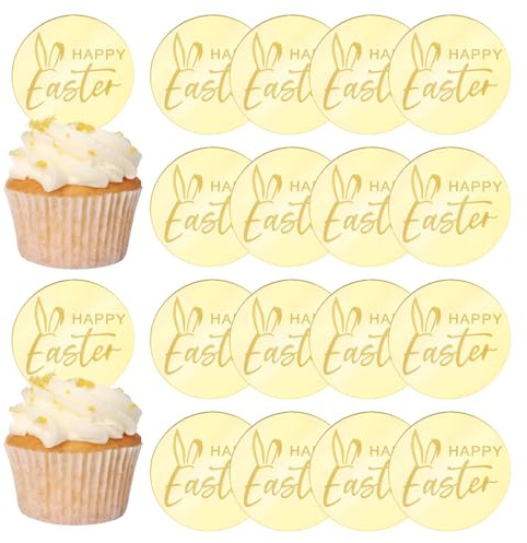 URROMA Rabbit Happy Easter Cupcake Toppers, 20pcs Round Gold Cake Topper Easter Cake Topper Acrylic Cake Party Art Fonts Decorations for Easter Day