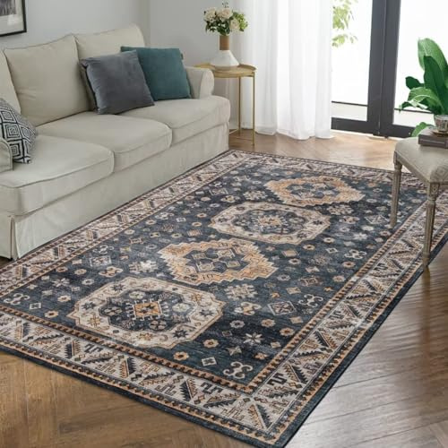 Auton Tapis de Salon Vintage, Doux, Lavable, Style Oriental, Ferme, Traditionnelle, Aspect Vieilli, pour Chambre à Coucher, Sol, intérieur, décoration de Maison, Bureau, Bleu Marine, 60 x 230 cm