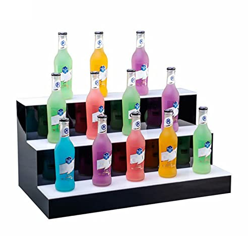 Weinregal 3-stufige LED-beleuchtete Likörflaschen-Ausstellung, beleuchtetes Flaschenregal, 2 Etagen, für Zuhause, Gewerbe, Barregal, leichte Wechselregale, Hochglanz-Schwarz-Finish, mit Fern