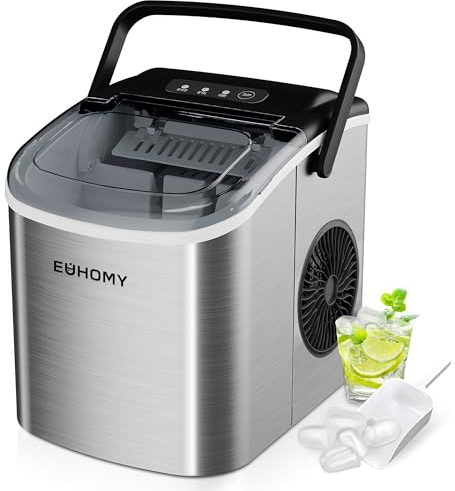 Máquina de hielo EUHOMY Máquina de hielo, 12 kg en 24 horas, 9 cubitos de hielo en 8 minutos, acero inoxidable, máquina de hielo perforante con asa de transporte, cuchara para casa/cocina, camping