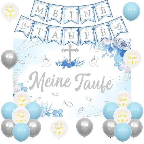 Jollyboom Taufe Deko: Junge, Blau Taufe Dekoration Girlande Banner, Luftballons Hintergrund Deko für Babyparty, Babydusche, Erstkommunion Party Dekoration