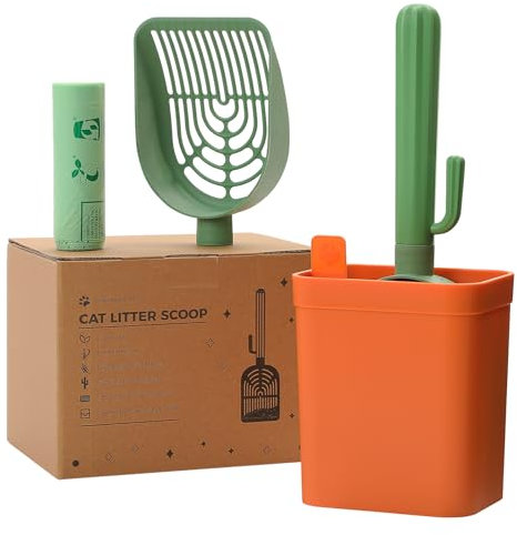 PAWZ Road Kaktus-Katzenstreuschaufel, katzenstreuschaufel mit behälter, umweltfreundliche erneuerbare Kunststoffe, Schaufelkopf, Netzgewebe, Schubladen-Stil, Grün, 13,50 x 9,70 x 32,70 cm