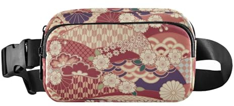 Sac banane traditionnel rouge japonais Ukiyo-e à motif floral tendance pour homme et femme, sac banane multifonction à fermeture éclair avec sangle réglable pour le shopping, le sport, le travail,