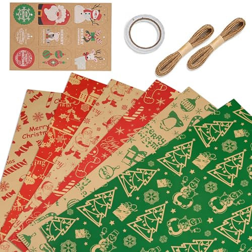 MORAINJAY 6 Blatt Geschenkpapier Weihnachten, 50x70cm Weihnachtsgeschenkpapier 6 Verschiedene Muster, Kraftpapier Geschenkpapier Weihnachten Set mit Hängeetiketten Baumwollseil für Geschenkverpackung