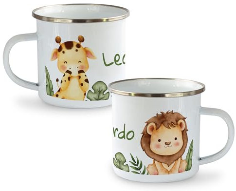 PHOTOCITY Tazza asilo con nome, per bambini, tazza personalizzata, infrangibile bambini, tazza in alluminio personalizzata (Leone-giraffa)
