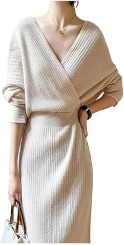 Robe Tricotée Printemps Automne Tricot Pull Robe Longue Femmes Col en V Manches Longues Dos Nu Robe en Tricot Chic Et élégante Femme Robes De Bureau, Café, Taille Unique