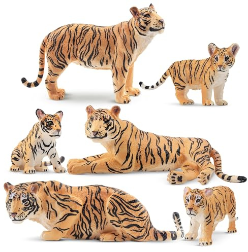 toymany 6PCS Tiger Figurines with Tiger Cubs, Plastic Jungle Animal Figures | Realistic Wildlife Family Set Includes Baby Tigers, Educational Toy Cake Toppers Christmas Birthday Gift for Kids Toddlers
