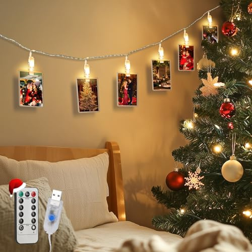 Aigostar 6M 40LED-klämmor med ljusslinga och 40 fotoklämmor, ljusslinga med fjärrkontroll, fotoklämmor, dekorativ girlang för jul, rum (varmvit)