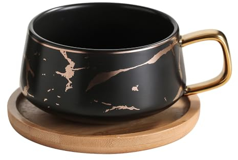 FUENYEJIA 300ML Ceramic Marble Pattern Coffee Cup Set with Wooden Saucer and Spoon. Ceramic Mug Suitable for Restaurants and Home use. Holidays and Birthdays. (Black)