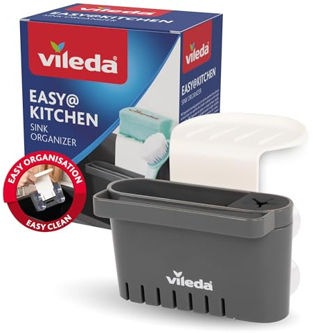Vileda Schwammhalter Spülbecken - Ohne Bohren - Schwammhalter Küche mit Saugnapf - Mini Spülbecken Organizer für Schwämme & Bürsten - Langlebig & Einfache Anbringung | Montage ohne Bohren am Becken oder an Fliesen, kompakte Ablage für Schwämme und Spülbürsten