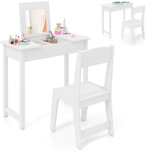 GYMAX Kids Vanity Table and Chair, 2 in 1 Children Makeup Desk with Flip Top Mirror, Hidden Storage Space and Anti-toppling Device, Wooden Girls Dressing Tables Set for 3 Years Old+ (White)