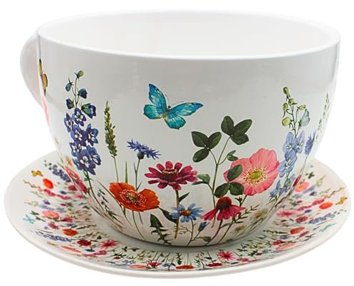 Dekohelden24 XXL Blumentopf, Pflanztasse, großer Pflanzkübel, Pflanzgefäß, Blumenkübel, Pflanztopf. Übertopf als Tasse mit Griff aus Keramik, Motiv: Blumenwiese, L/B/H 34 x 28 x16 cm.