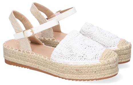 shoes&blues.es Sandales à plateforme pour femme, confortables, doublées en jute, pelle fermée et entrelacée, talon ouvert et fermeture à boucle, blanc, 38 EU