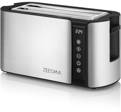 ZEEGMA TOSTEE CHEF Grille-pain à 4 tranches en acier inoxydable, support pour petits pains, 1500 W, décongélation, réchauffage & arrêt, compartiment à miettes, affichage de la minuterie par LED