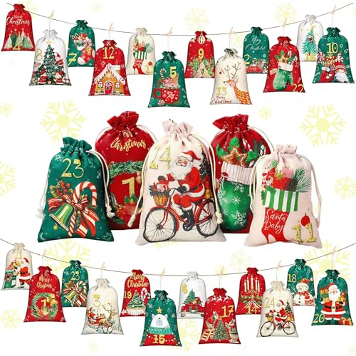 Yallmie ﻿Christmas Advent Calendar Bags, Christmas Burlap Bag with 1-24 Numbered Advent Tags ﻿Empty Advent Calendar Boxes to Fill, Christmas Calendar Gift Bag for Adults And Kids Holiday Decorations