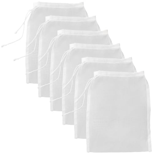 CREATCABIN 6 Sac en Maille pour Lait Noix Passoire en Nylon avec Cordon de Serrage Réutilisable en Étamine Filtre Alimentaire pour Jus de Fruits Amandes Café Tofu Yaourt Soupe Infusion Froide 20x15cm