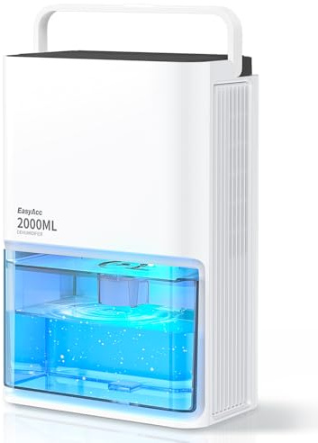 EasyAcc® Dehumidifiers for Home, 2000ml Dehumidifier Pro - 500-650ml/Day-3 Modes Speeds/Ultra Quiet/Auto Defrost 7 Colour LED Light Auto Shut Off - Ideal for Bedroom RV Car Kitchen Garage Damp White
