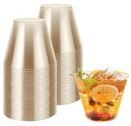 KINGSUSLAY Lot de 50 gobelets en plastique rigide transparent de qualité supérieure avec paillettes dorées (265 ml) – Gobelets réutilisables en plastique pour boissons, cocktails, desserts, mariages