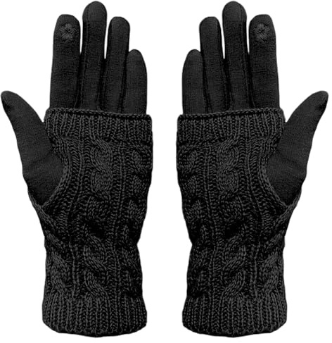 Ruioomeep Thermo Handschuhe Damen Touchscreen, Warme Damenhandschuhe Winter, Gefütterte Stoff Handschuhe mit Abnehmbaren Strickstulpen (Schwarz, Einheitsgröße (elastisch))