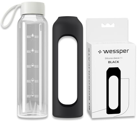 Wessper glasflaska med silikonhölje, borosilikatglasflaska med tidsangivelse 1 liter, sportflaska Perfekt för träning, skola, sport, barn, BPA-fri drickmotivation– svart
