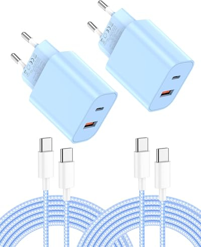 2PCS Cargadores USB 20W - Carga Súper Rápida de Doble Puerto con Cable USB C de 2M, Adecuado para iPhone 17/16/15, para Samsung, para Tablets, para Pixeli etc | Azul