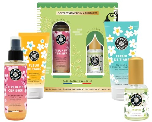 Coffret Cadeau Les Petits Plaisirs – Le Village des Senteurs Jasmin – Eau de toilette 30ml, Brume pailletée, Gel douche & Lait corps – Fabriqué en France