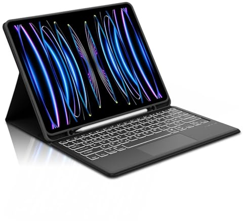 Occtingkind Für iPad Pro 12,9 Hülle mit Tastatur, Trackpad & 7-Farben-Beleuchtung, für iPad Pro 12,9 3-6. Gen (2018-2022) (A2231/A2459 u,a,) – Deutsches QWERTZ, USB-C, Magnetisch, Schwarz