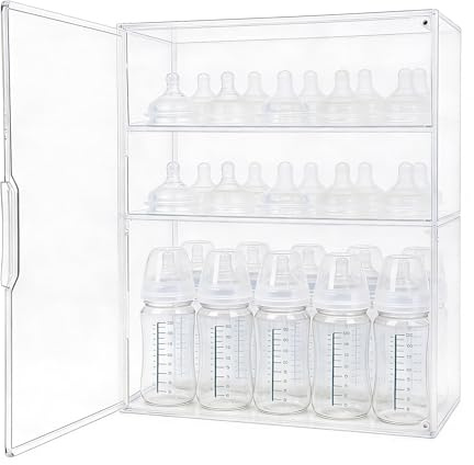 Penitue Babyflasche Organizer, 3-Etagen Klar Acryl Lagerung Box mit 2 Entfernbar Trennwände & Magnet Tür Groß Kapazität Flasche Trocken Gestell & Fütterung Zubehör Halter für Arbeitsplatte Schrank