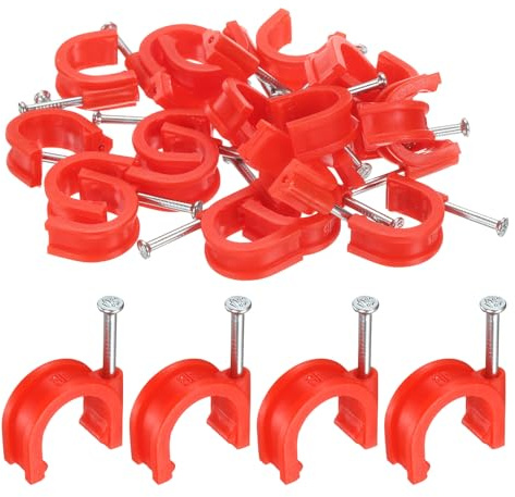 QUARKZMAN 50 Pcs Grapas Para Cable Con Clavo De 16mm Abrazadera Circular Media J-Hook Con Clavo Grapas Para Cable Para Pared Para Ethernet Tachuelas Tubo Coaxial PEX Soporte Rojo