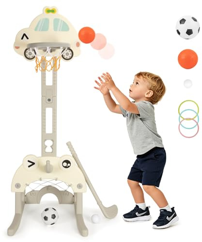 Funsland Canasta Baloncesto Infantil 1-7 Años - Mini Canasta Baloncesto Juego,Interior y Exterior, Altura Ajustable 78-142 cm, Juguete de Cumpleaños para Niños
