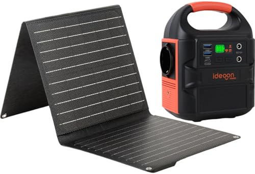 ideoon Mobiles Powerstation Set 88,8Wh mit 21W Solarpanel faltbar, 230V Steckdose, 100W, USB-C PD 65W, Solargenerator mit LED-Leuchte für Camping & Outdoor