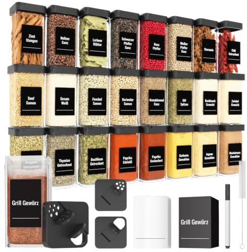 Famhap Spice Jars with Lids and Labels 24 Pack 120ml | Square Plastic Spice Containers, Seasoning Containers, for Kitchen Home Rack Drawer Organiser