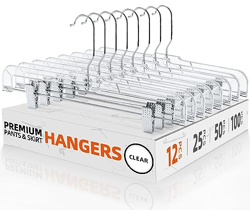 HOUSE DAY Trouser Hangers 36cm Plastic Crystal Skirt Hangers with Ajustable Clips Space Saving Premium Edition Solid Elegant for Trousers, Skirts, Jeans, Slacks, Pants, Coat (12 Pack)