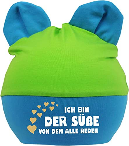 KLEINER FRATZ Kinder Baby Mütze mit Ohren Jungen Mädchen Babymütze Hat mitwachsend Ich bin DER Suesse von dem alle reden (Gr.1 (KU 35-42) (Gr. 56-74), royal-lime)